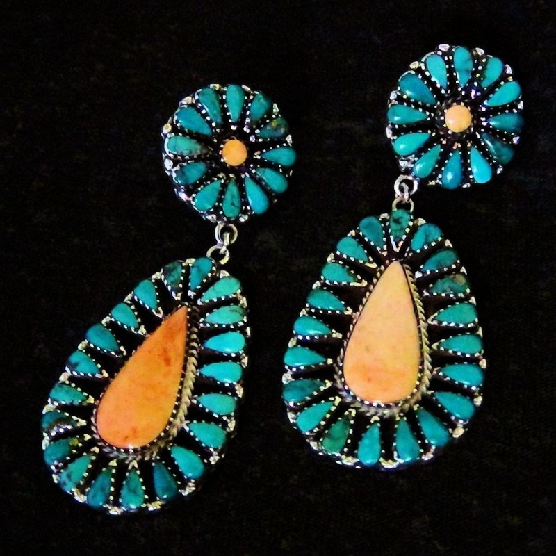 Navajo Teardrops Silber Ohrringe mit Türkis und Muschel