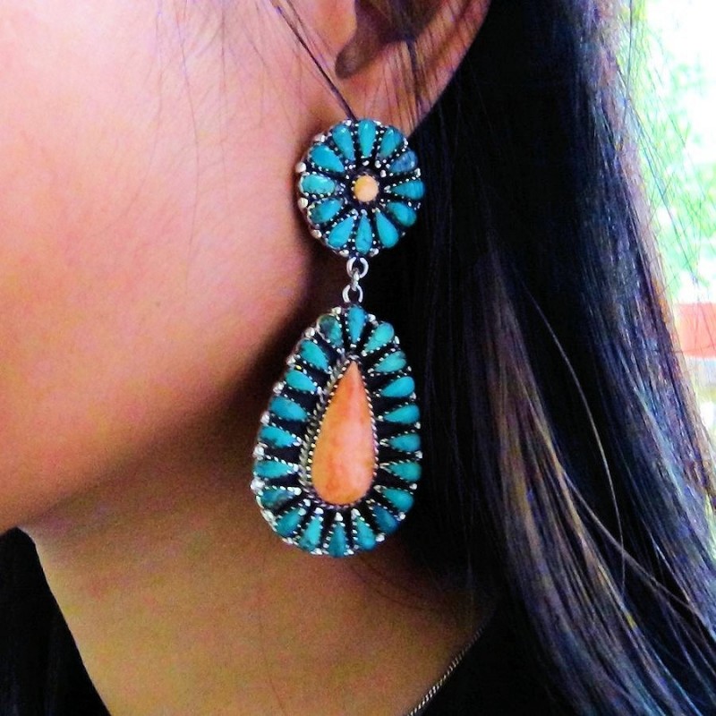 Boucles d'Oreilles Navajo Teardrops en Argent 925 Turquoise Spondylus