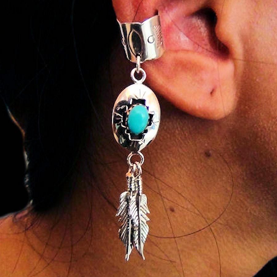 Turquoise Cabochon Shadow Box and Feathers Sterlingsilver Earrings