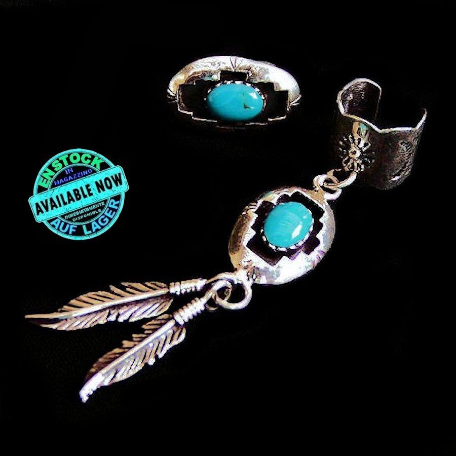 Turquoise Cabochon Shadow Box and Feathers Sterlingsilver Earrings