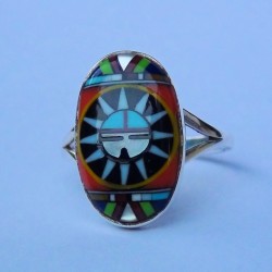 Sonnengesicht Indianer Oval Silberring mit Edelsteinen