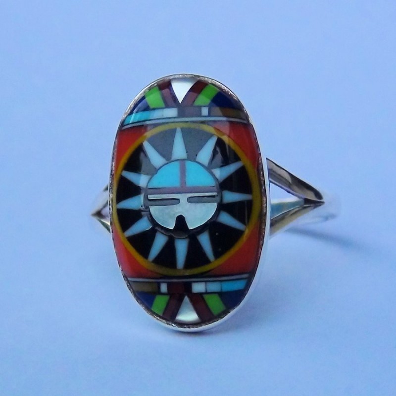 Sonnengesicht Indianer Oval Silberring mit Edelsteinen