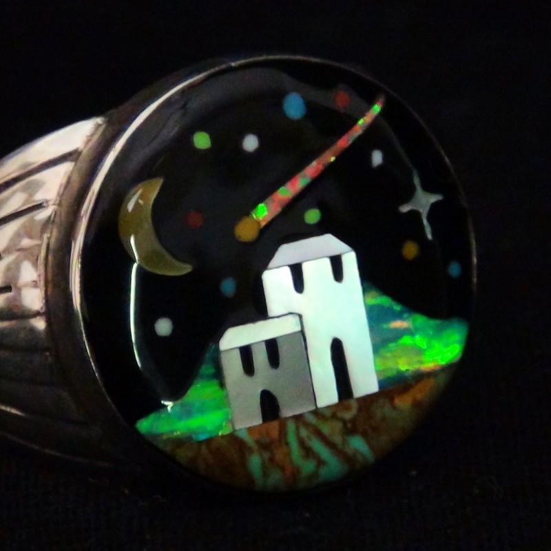 Navajo Southwest Pueblo Village Scene by Night Ring Southwest Style Jewellry